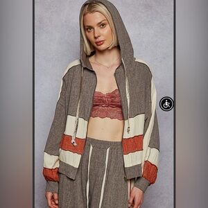 342 - POL Brown and Cream Hooded Jacket with Red Details